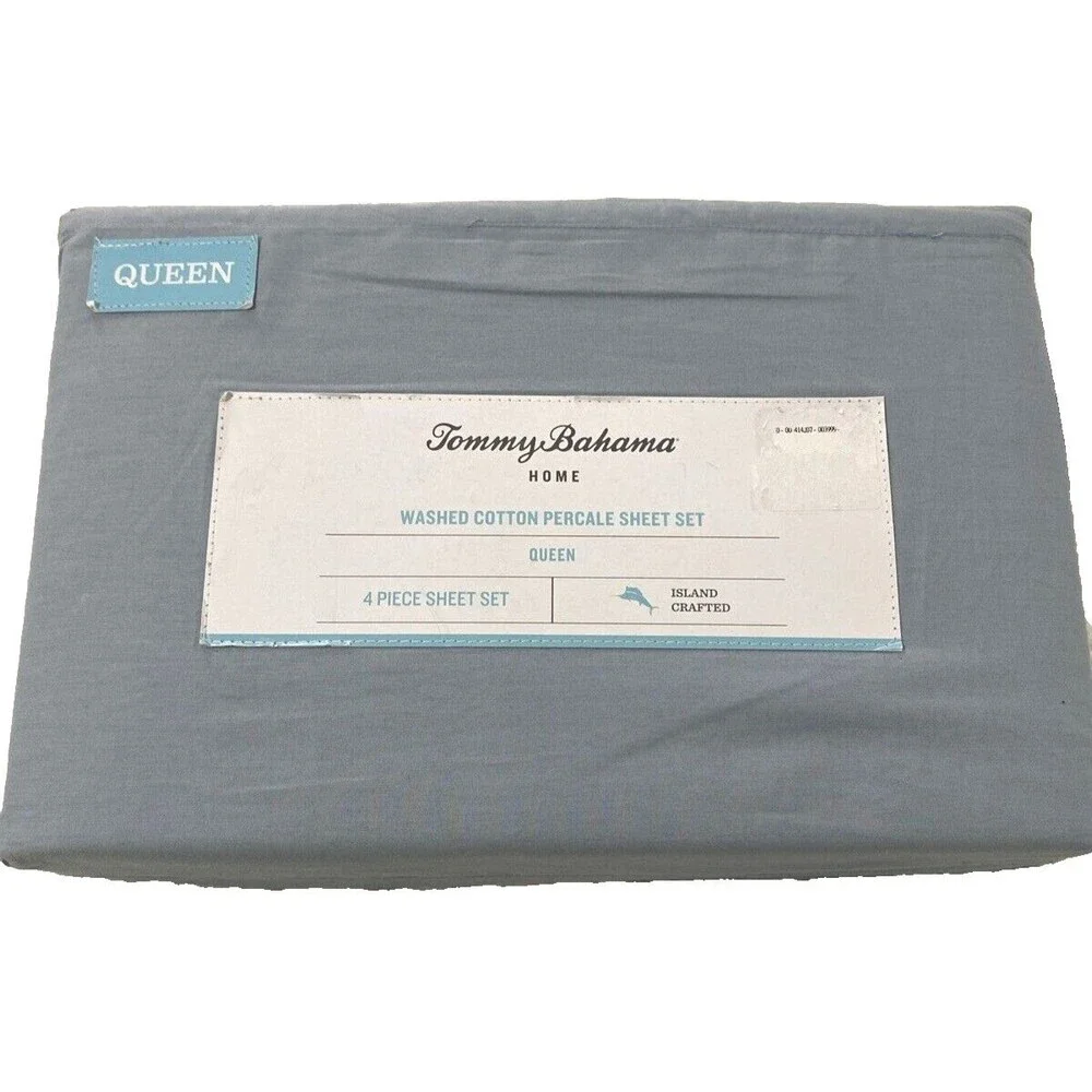 Tommy Bahama Queen Sheet Set 4 Pieces Home Washed Cotton Percale Blue Sky New